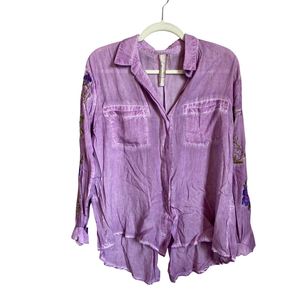 Aratta Silent Journey Purple Acid Wash Floral Embroidered Split Back Blouse S